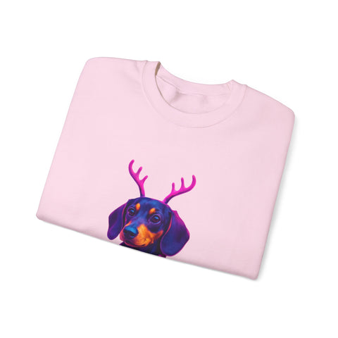 Dachshund Reindeer Sweater Crewneck Sweatshirt | Neon Holiday Dog Art