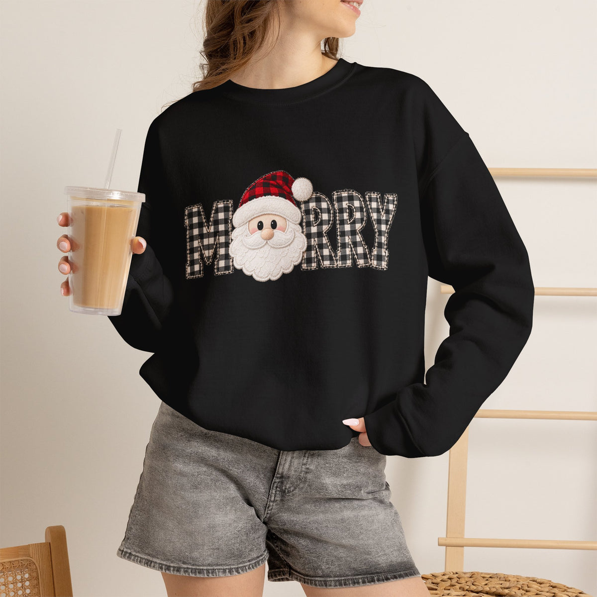 Merry Christmas Sweatshirt, Santa Christmas Crewneck, Plaid Holiday Sweater, Cute Santa Shirt, Cozy Christmas Gift for Her