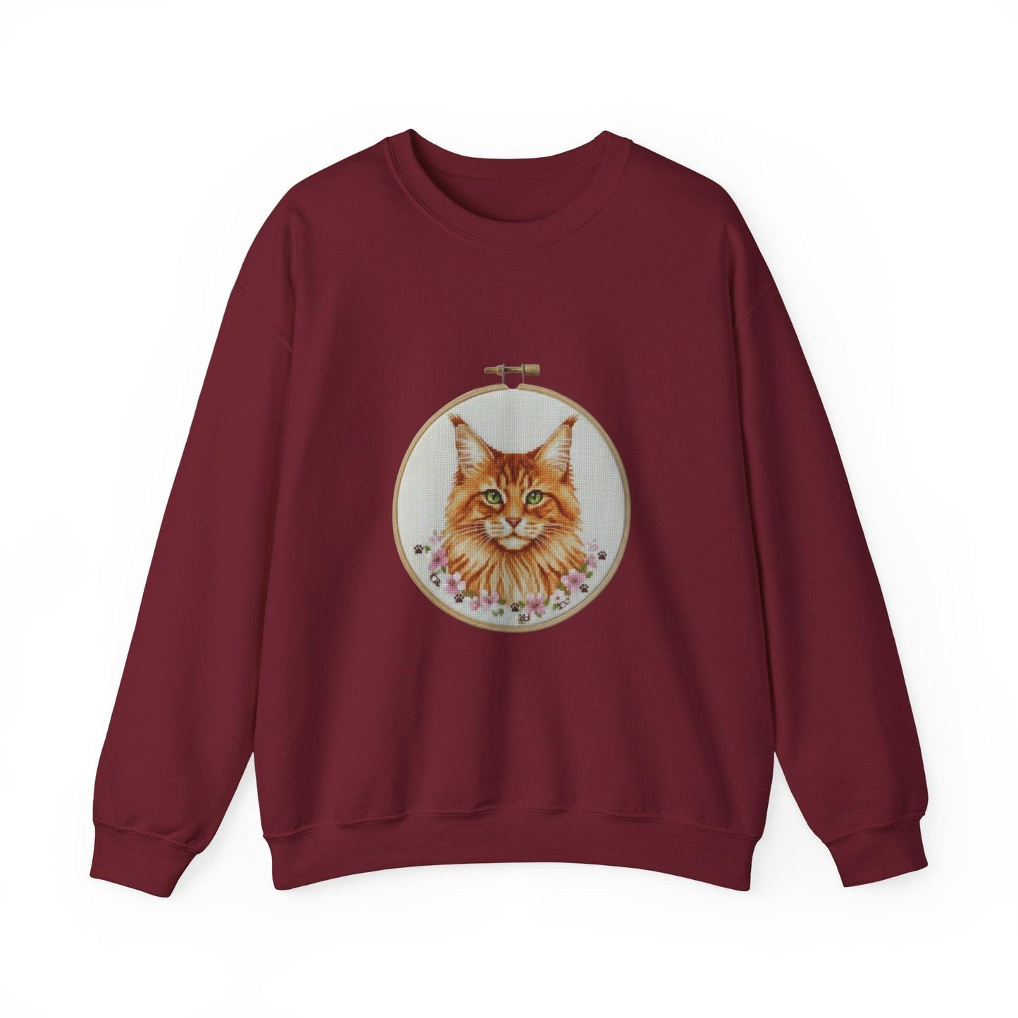 Orange Tabby Cat Sweatshirt, Cat Mom Gift, Cross Stitch Cat Portrait, Embroidery Hoop Floral Crewneck