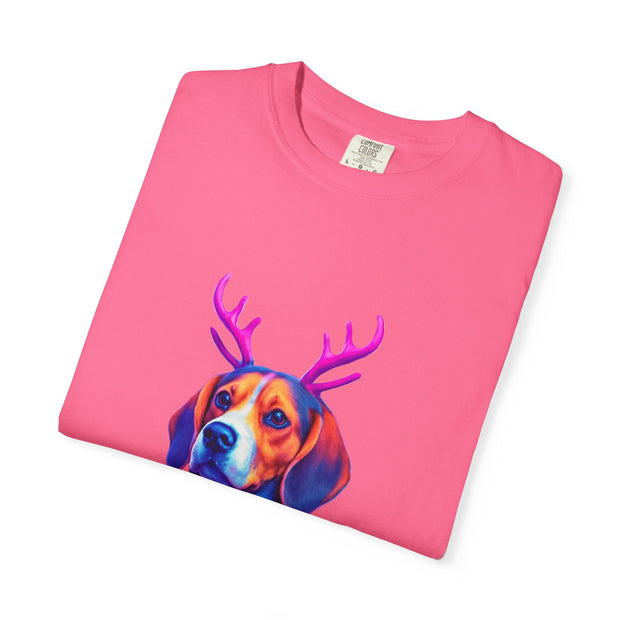 Neon Beagle in Reindeer Antlers T-Shirt | Christmas Dog Sweater Design