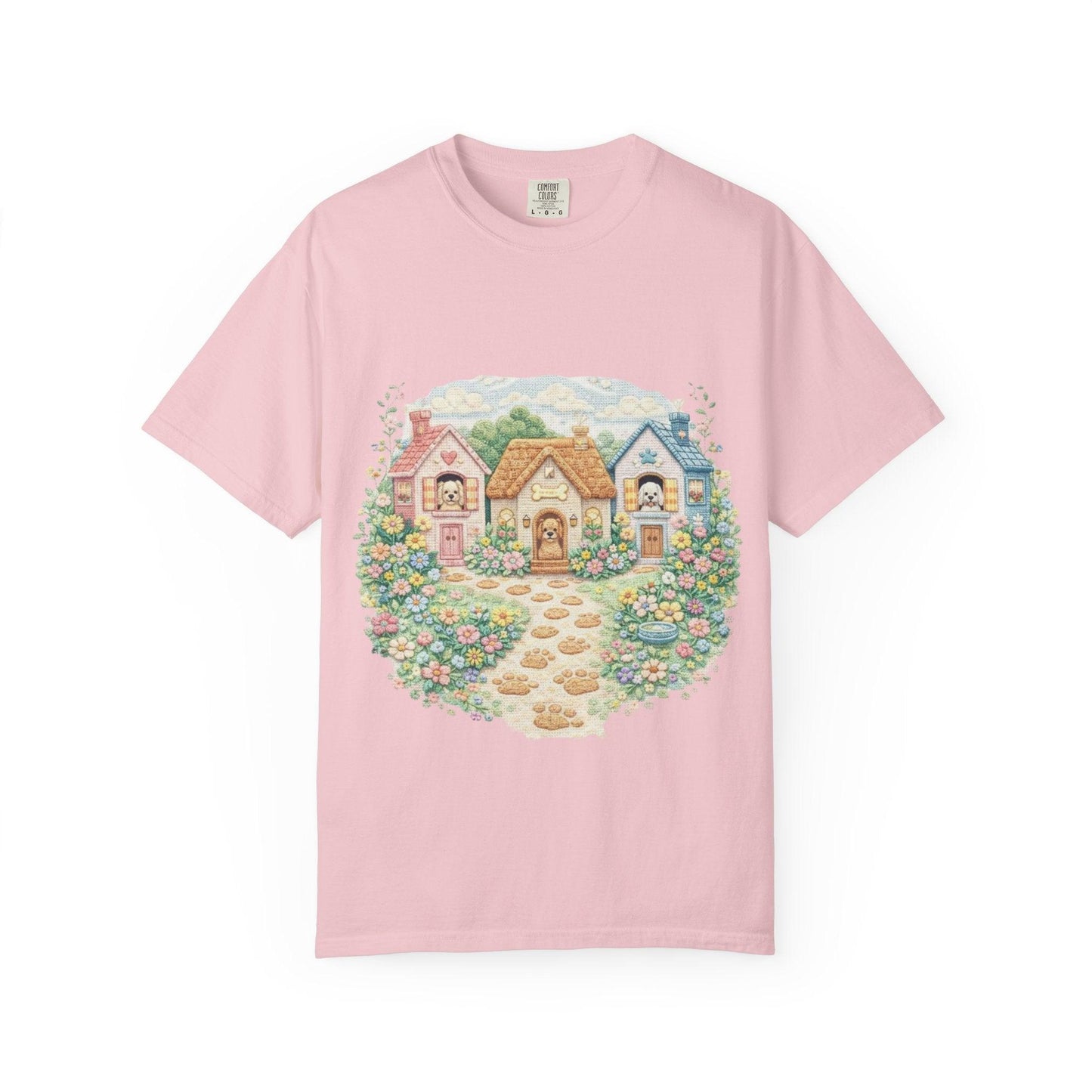 Cute Cottage Row illustration T-shirt | pastel village floral path