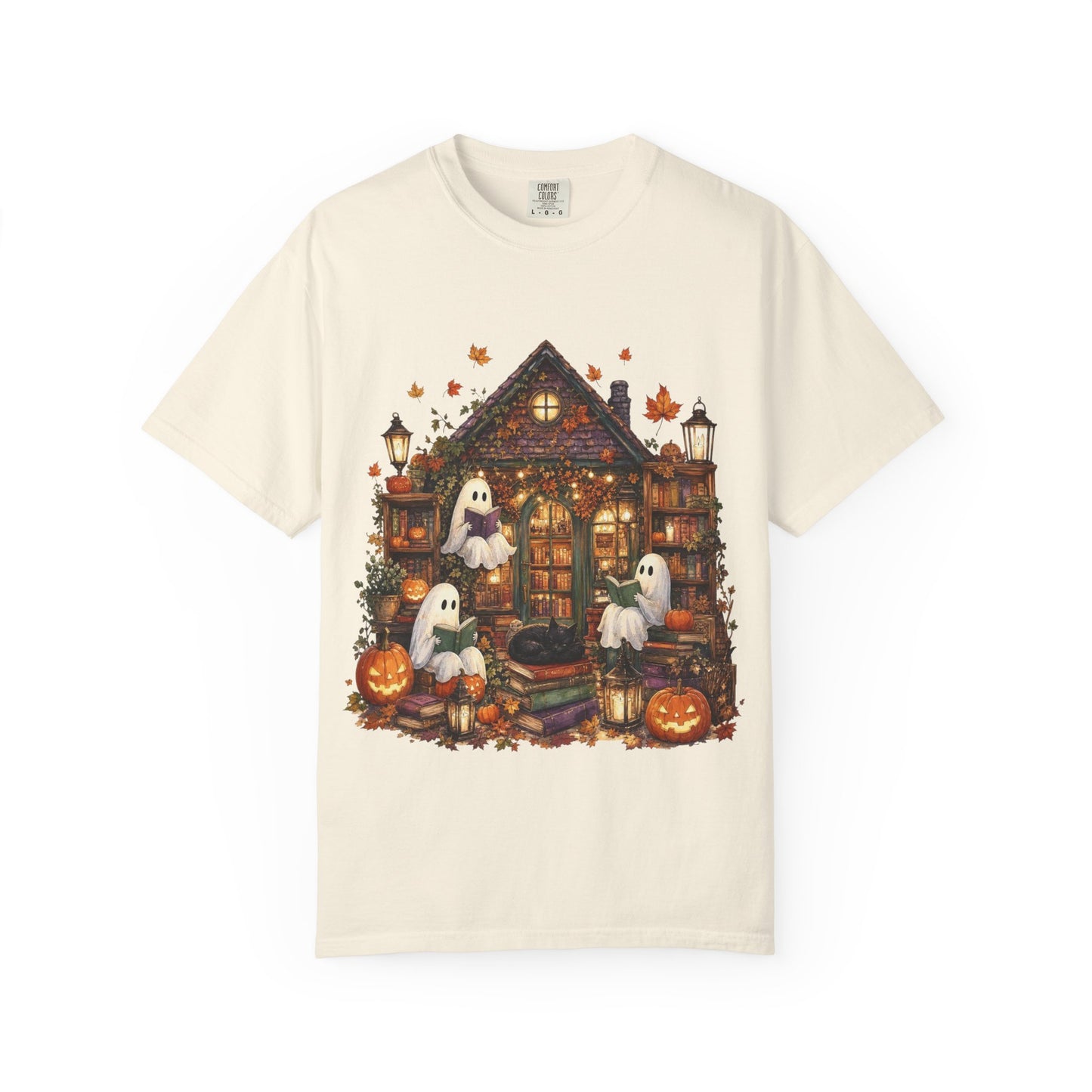 Cute Ghosts Haunted House T-Shirt, Halloween Pumpkin Shirt, Autumn Leaves Graphic Tee, Spooky Cute Fall Shirt, Cozy Halloween Gift