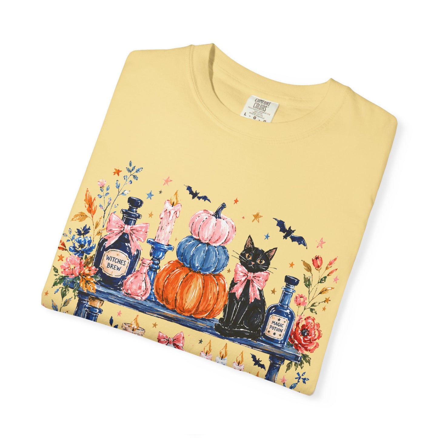Autumn Apothecary Illustration T-shirt | Pumpkins, Black Cat, Potion Bottles