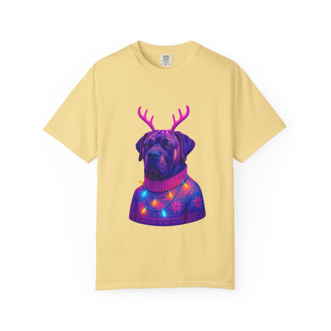 Neon English Mastiff Dog with Antlers T-Shirt | Christmas Sweater Lights Design