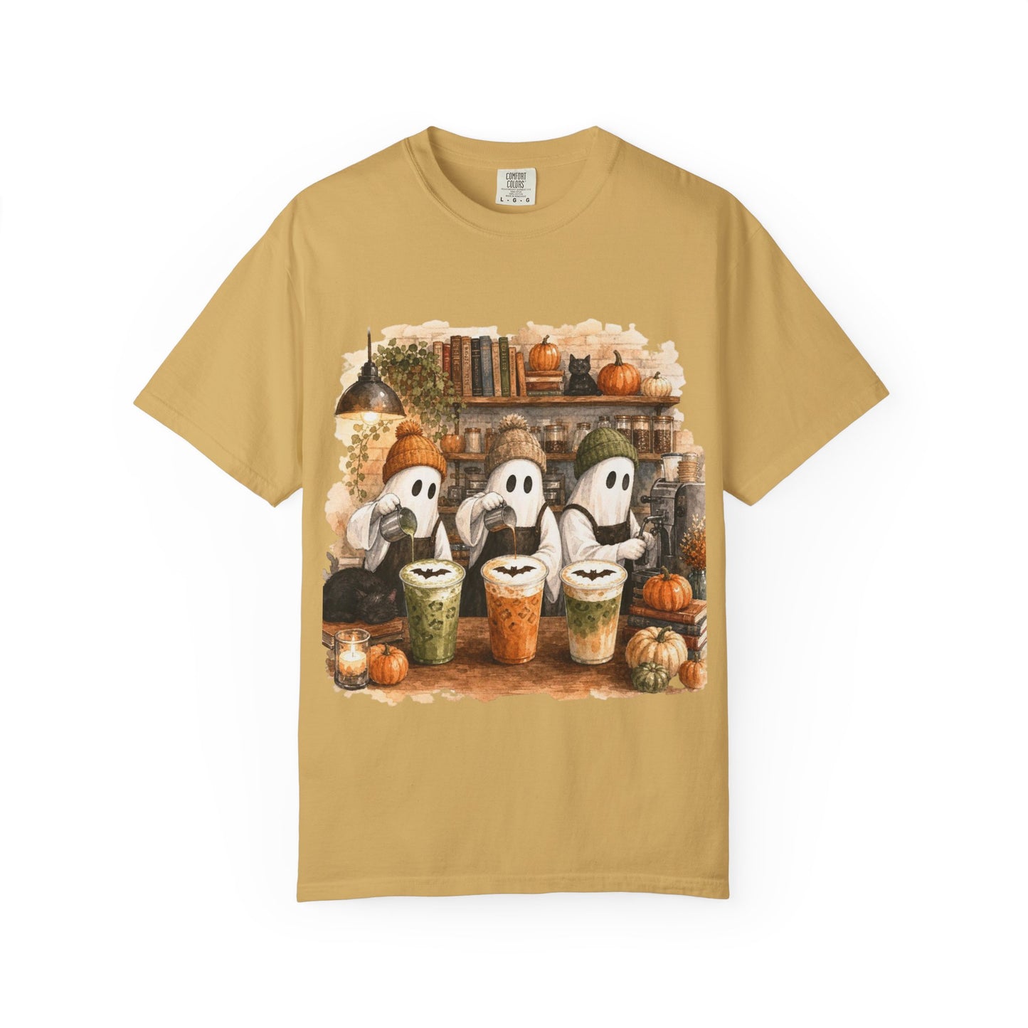 Ghost Trio with Pumpkin Lattes T-Shirt, Cute Halloween Coffee Shirt, Cozy Fall Ghost Tee, Pumpkin Spice Graphic, Autumn Coffee Lover Gift