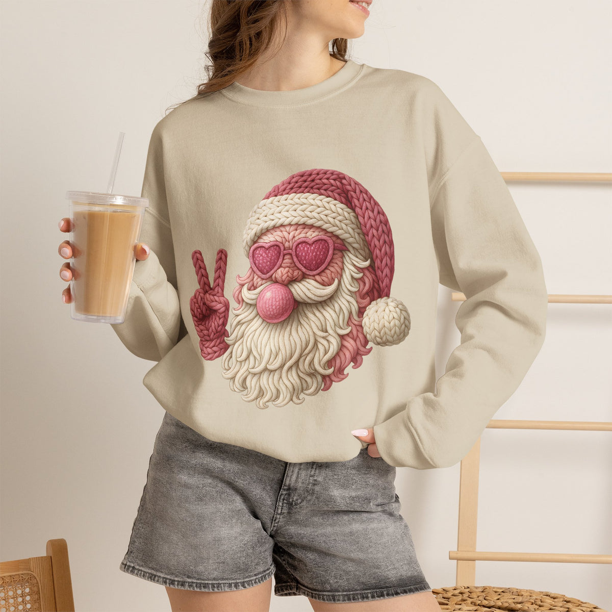 Pink Sunglasses Peace Sign Santa Sweatshirt | Retro Holiday Cozy