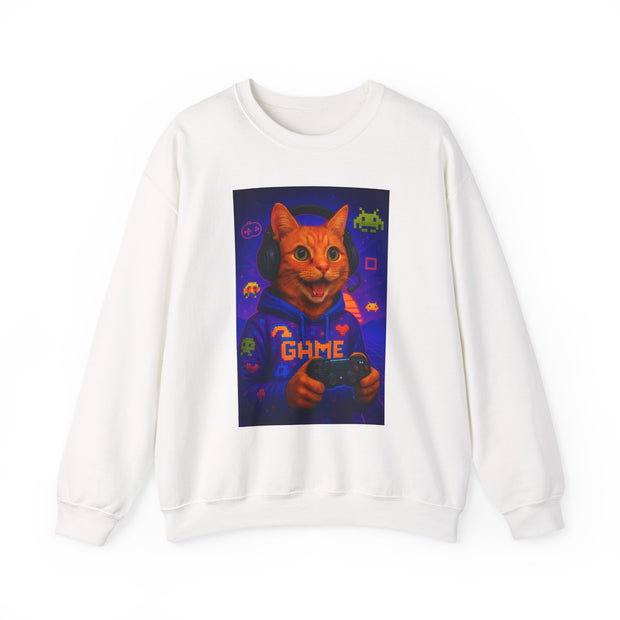 Gaming Cat Crewneck Sweatshirt, Funny Gift for Gamers, Cozy Cat Lover Apparel, Cute Sweatshirt for Gaming Night, Unisex Cat Sweatshirt