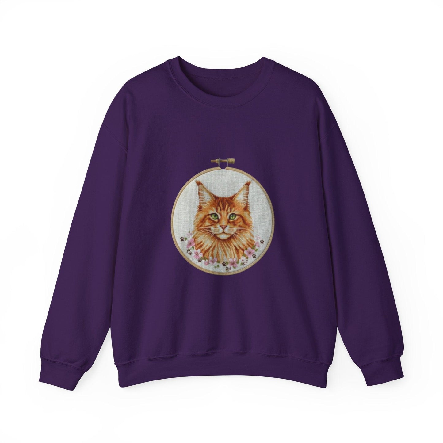 Orange Tabby Cat Sweatshirt, Cat Mom Gift, Cross Stitch Cat Portrait, Embroidery Hoop Floral Crewneck
