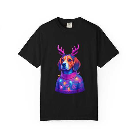 Neon Beagle in Reindeer Antlers T-Shirt | Christmas Dog Sweater Design