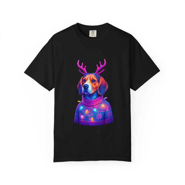 Neon Beagle in Reindeer Antlers T-Shirt | Christmas Dog Sweater Design