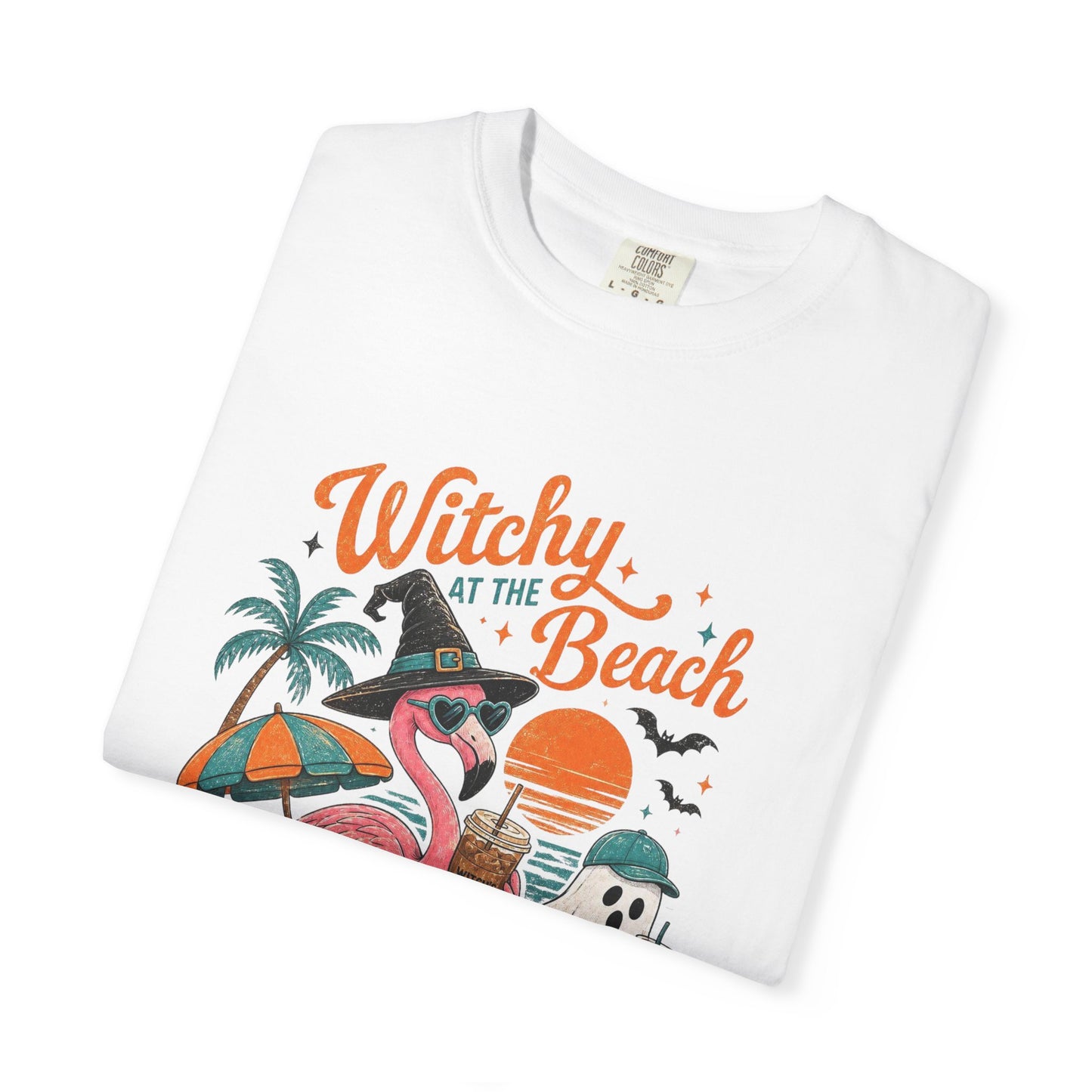 Witchy at the Beach T-shirt | Spooky Vibes Halloween Flamingo Design