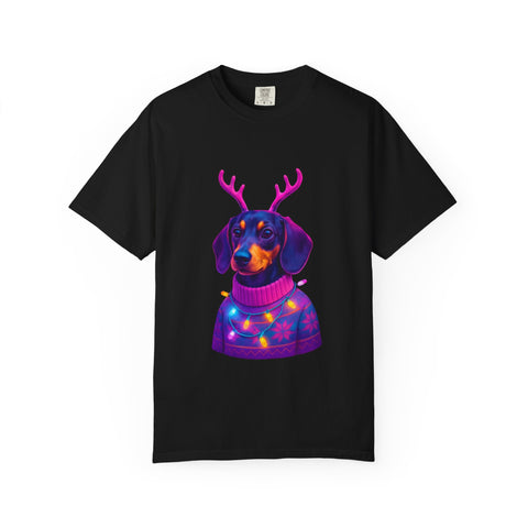 Dachshund in Reindeer Antlers T-Shirt | Christmas Sweater Lights Design