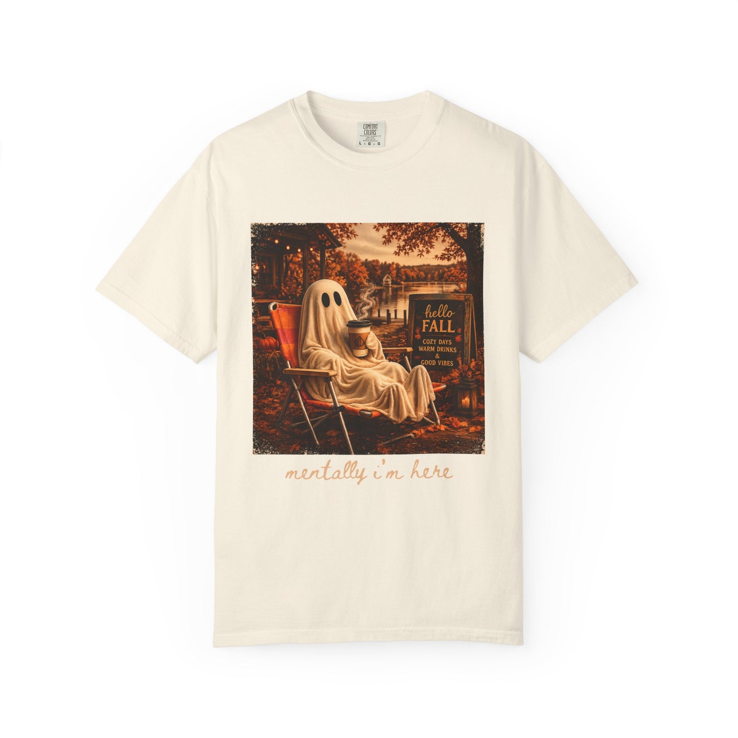 Cozy Ghost in Chair Fall T-shirt | Autumn Leaves, Retro Halloween Scene, Summerween