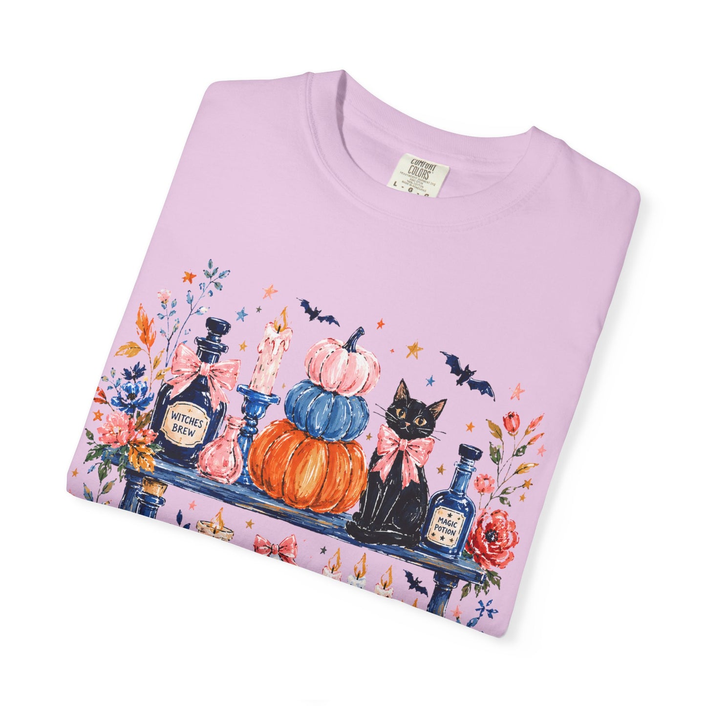 Autumn Apothecary Illustration T-shirt | Pumpkins, Black Cat, Potion Bottles