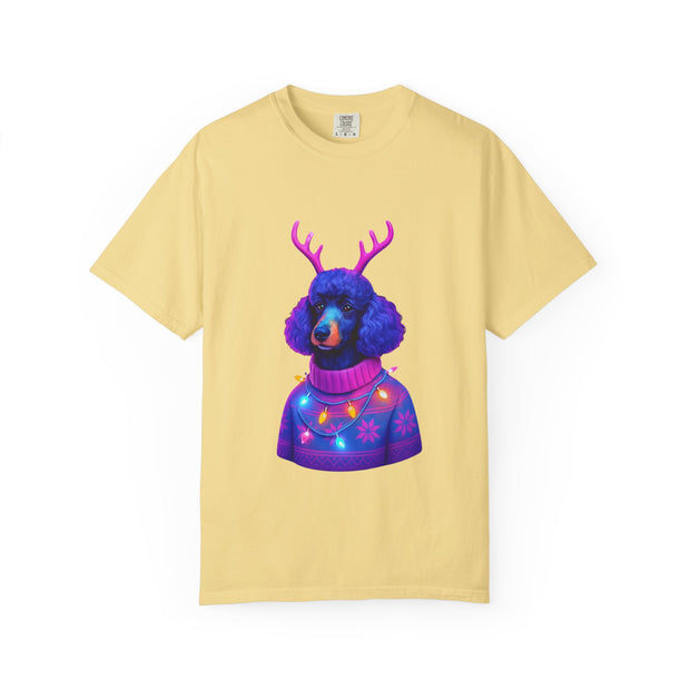 Poodle with Antlers in Light-Up Sweater T-Shirt | Neon Holiday Dog Design