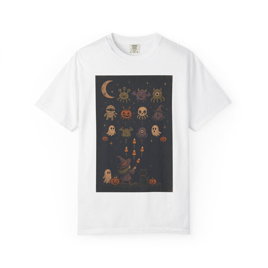 Cute Halloween Witch and Ghosts T-Shirt | Pumpkin Moon Spooky Illustration