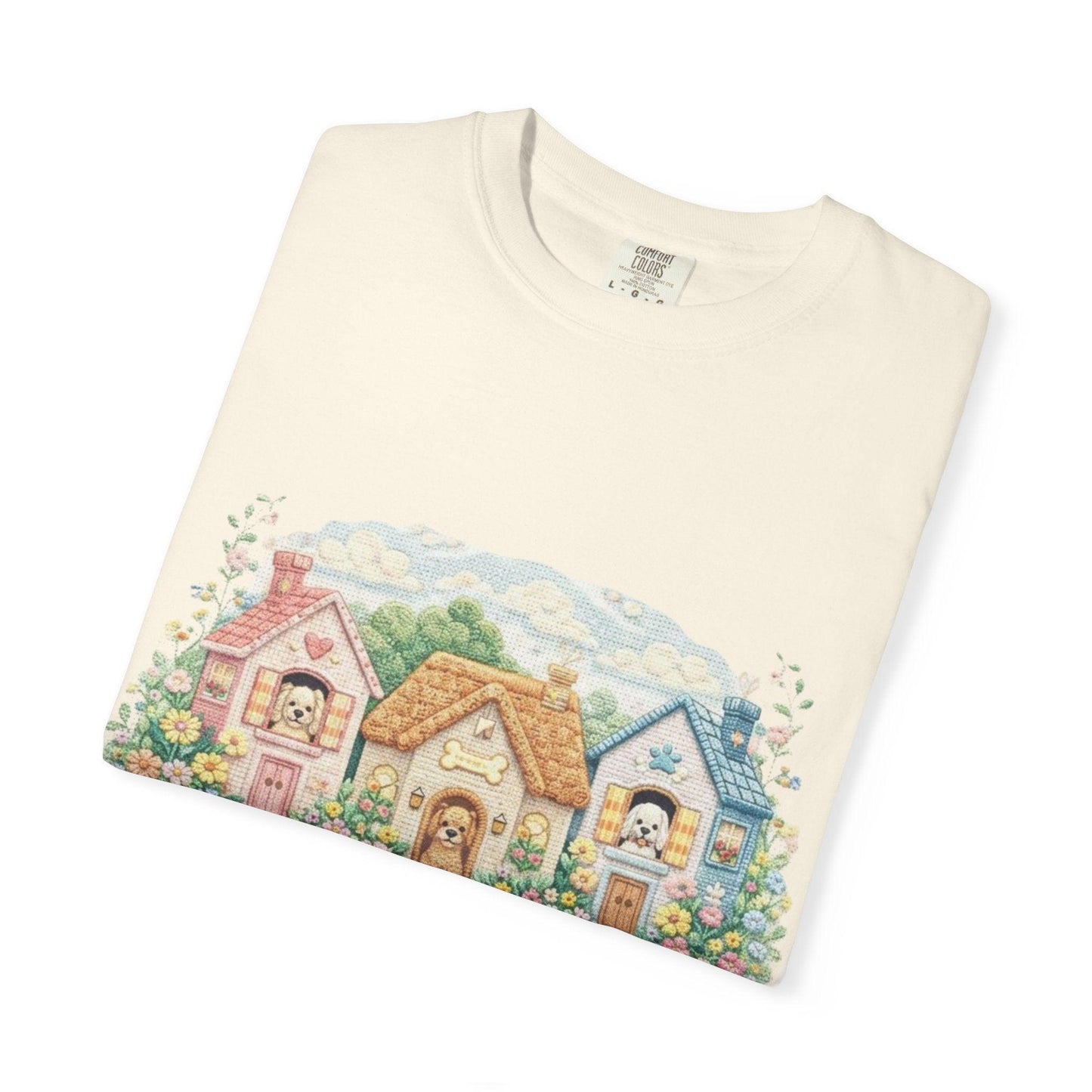 Cute Cottage Row illustration T-shirt | pastel village floral path