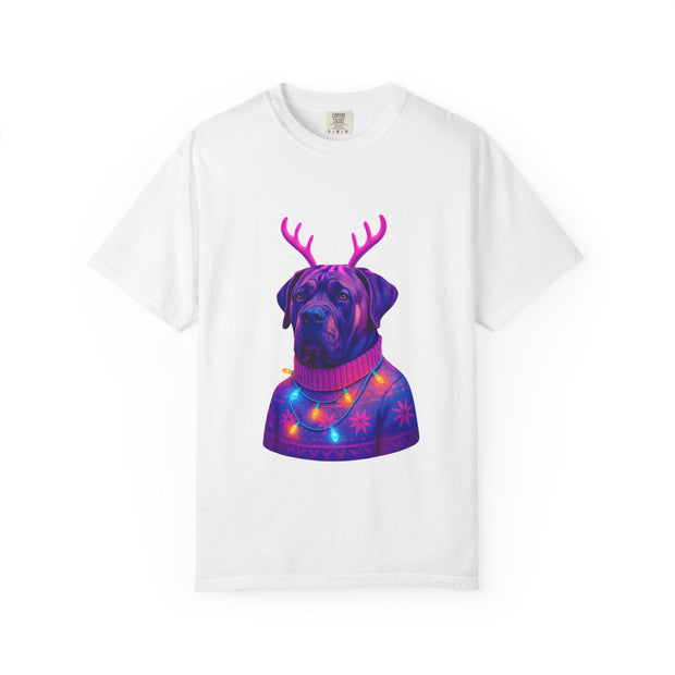 Neon English Mastiff Dog with Antlers T-Shirt | Christmas Sweater Lights Design