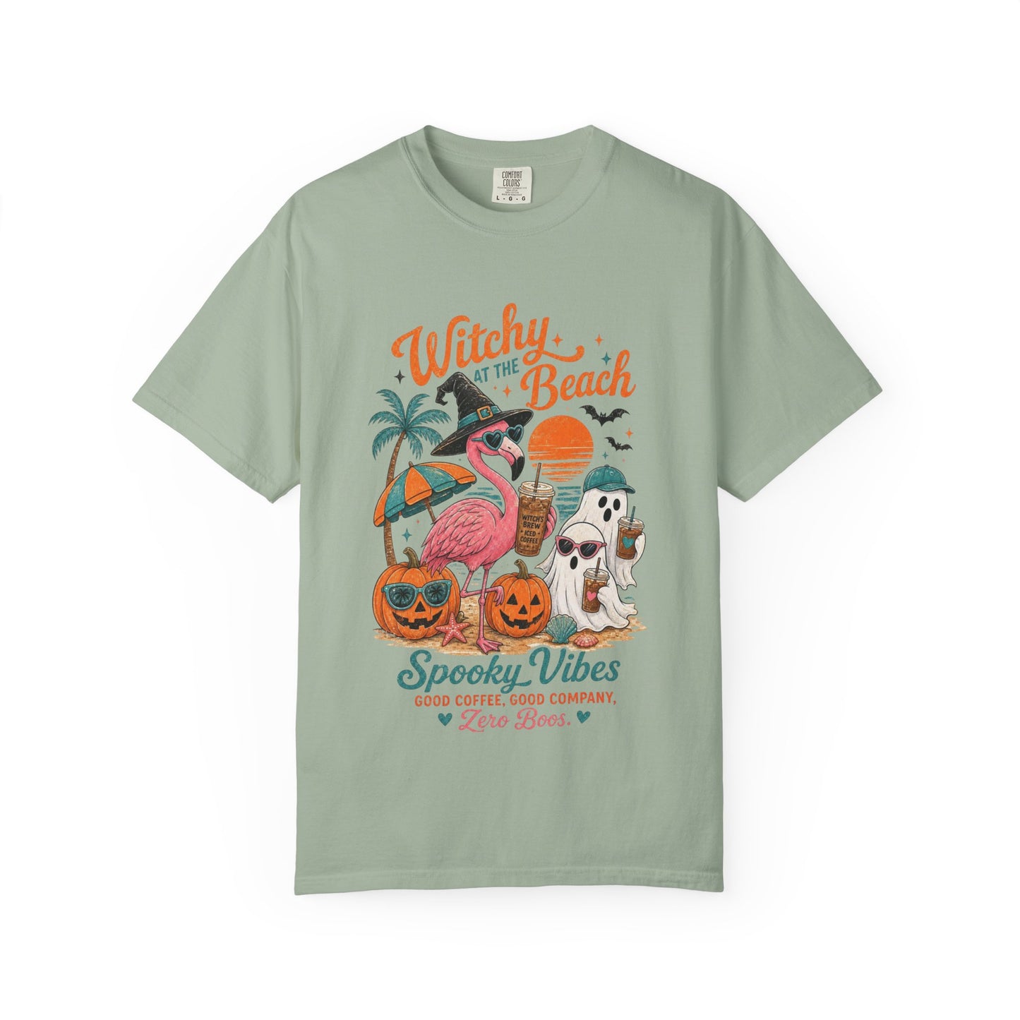 Witchy at the Beach T-shirt | Spooky Vibes Halloween Flamingo Design