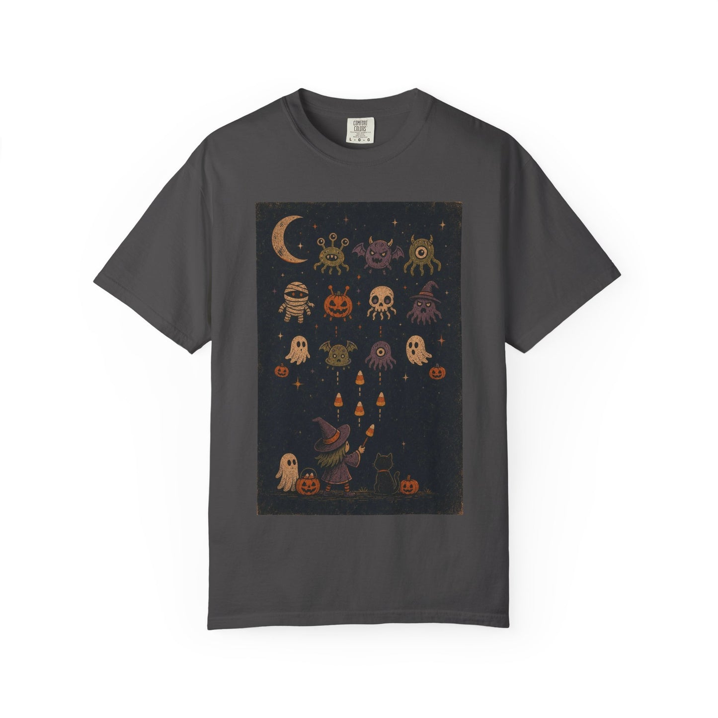 Cute Halloween Witch and Ghosts T-Shirt | Pumpkin Moon Spooky Illustration