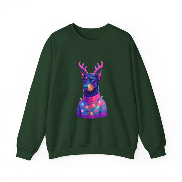 Vibrant Doberman Antlers Sweatshirt, Quirky Animal Crewneck, Cozy Holiday Gift, Fun Winter Apparel, Casual Style Top