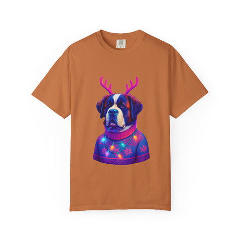 Saint Bernard in Reindeer Antlers T-Shirt | Holiday Dog Sweater Design