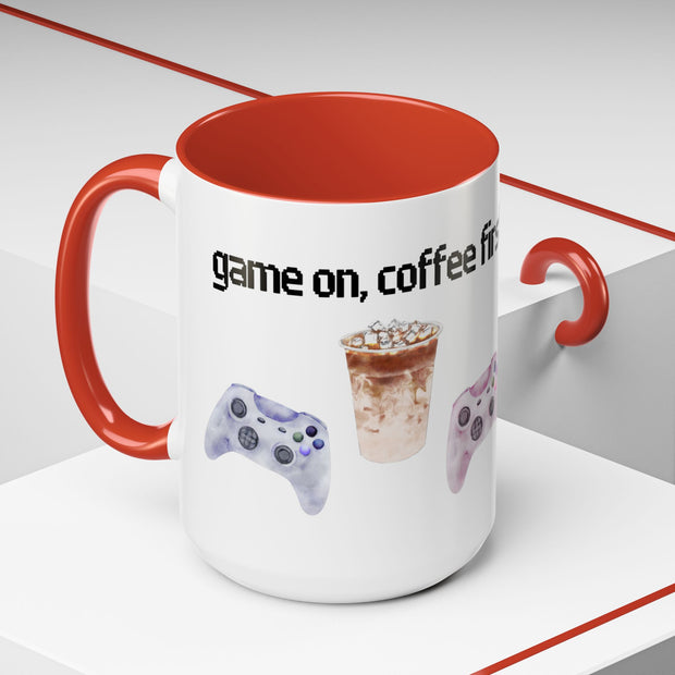 'Game On, Coffee First' Accent Coffee Mug