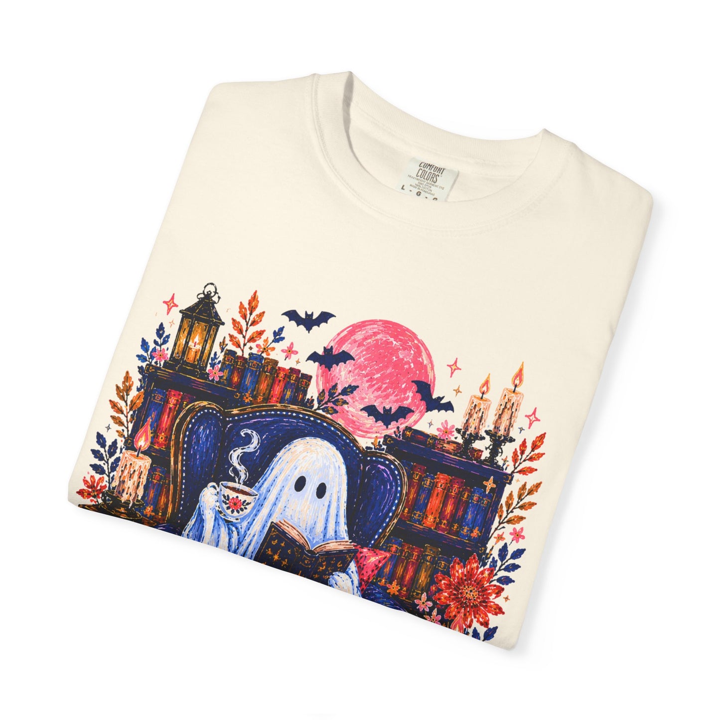 Cozy Reading Ghost T-Shirt | Bookish Halloween Illustration