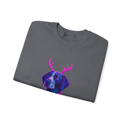 German Shorthaired Pointer with Reindeer Antlers Crewneck Sweatshirt | Neon Holiday Sweater Illustration