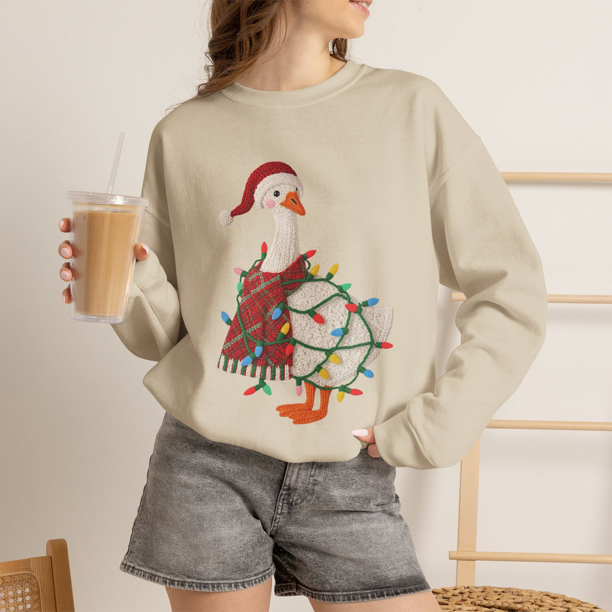 Christmas Goose Wearing Santa Hat Crewneck Sweatshirt | Holiday Duck in Lights