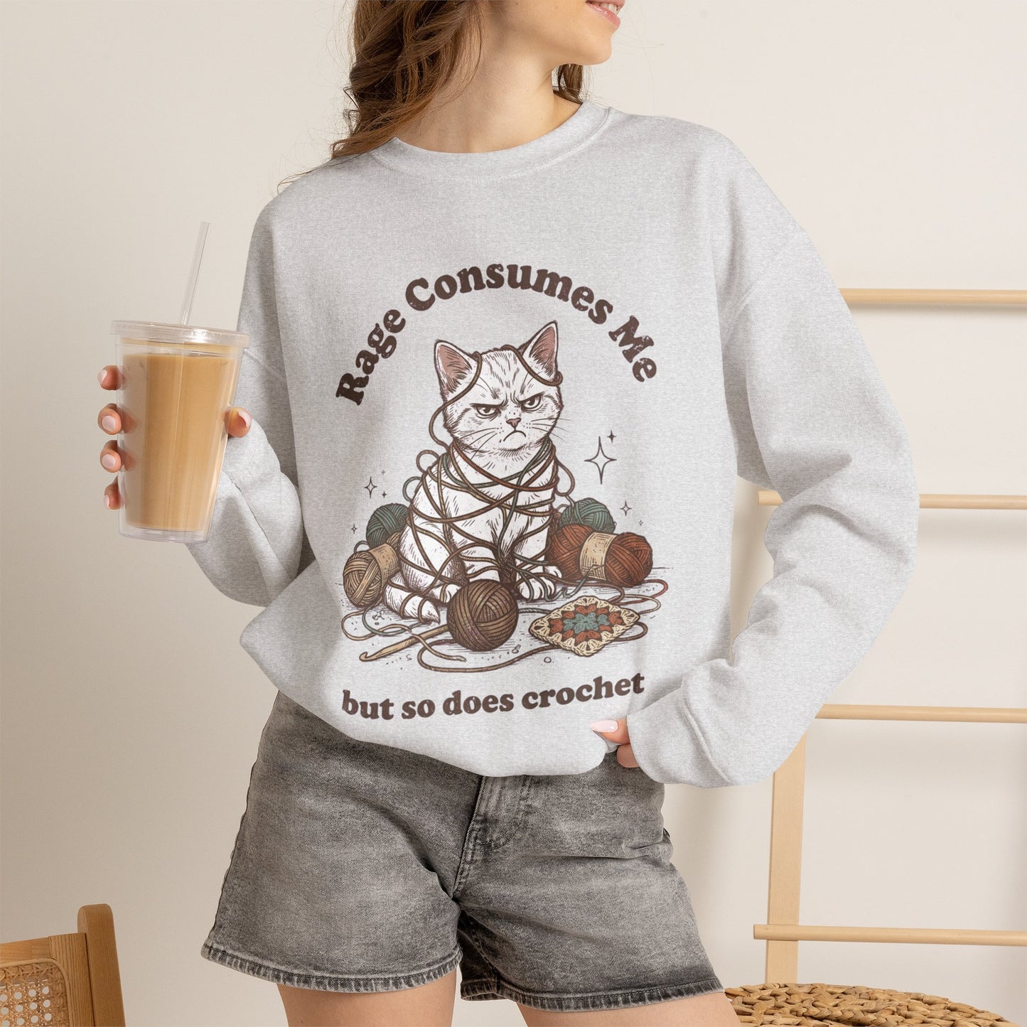 Rage Consumes Me Crochet Cat Shirt, Funny Knitting Tee, Grandma Hobbies Sweatshirt