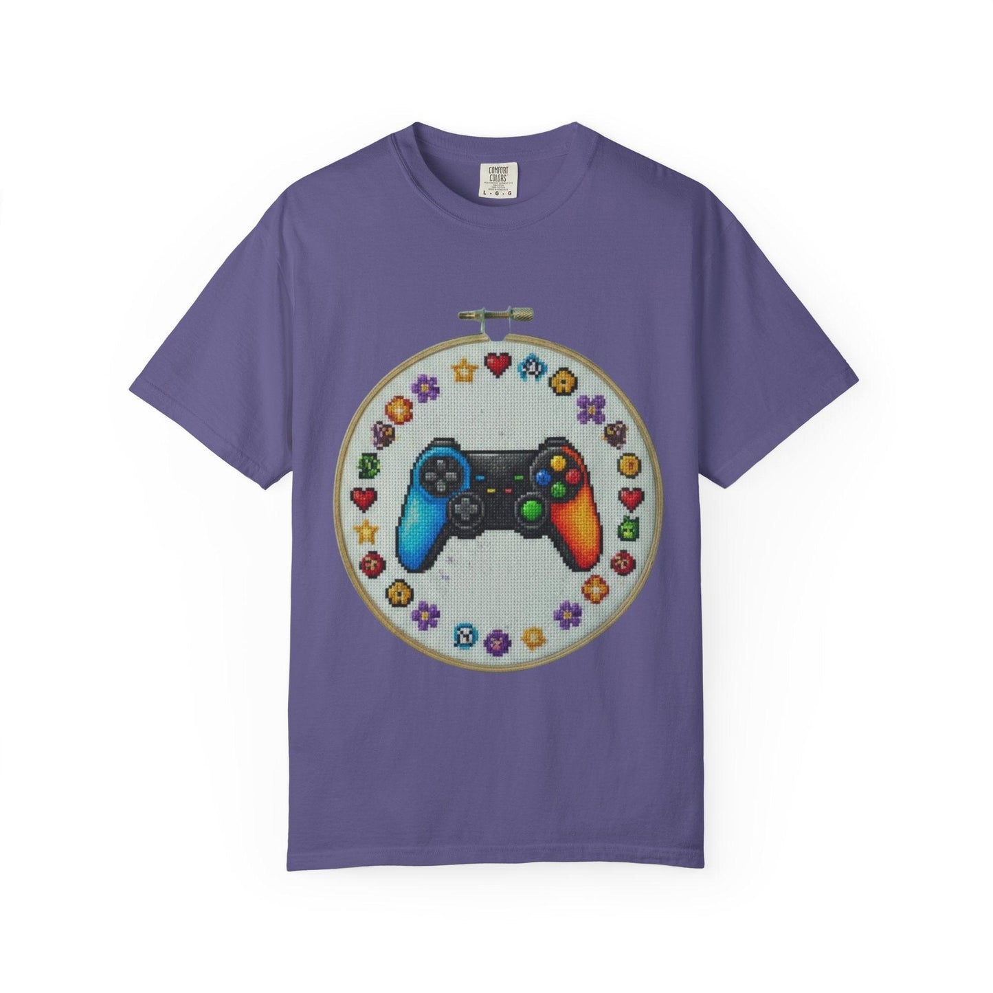 Rainbow Game Controller embroidery hoop T-Shirt | Gamer cross stitch design
