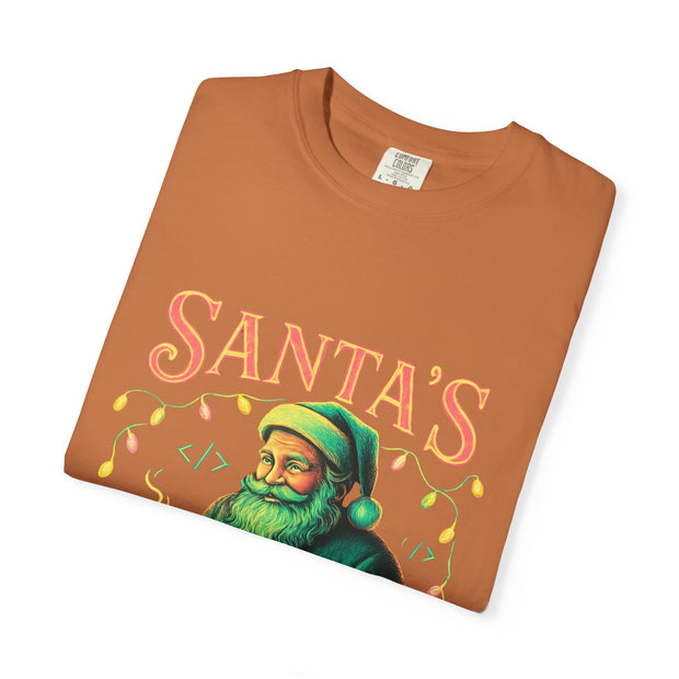 Santa's Cocoa & Code Society T-shirt, Holiday Tee, Xmas Gift, Unisex Garment-Dyed Shirt, Fun Santa Design, Cozy Christmas Apparel