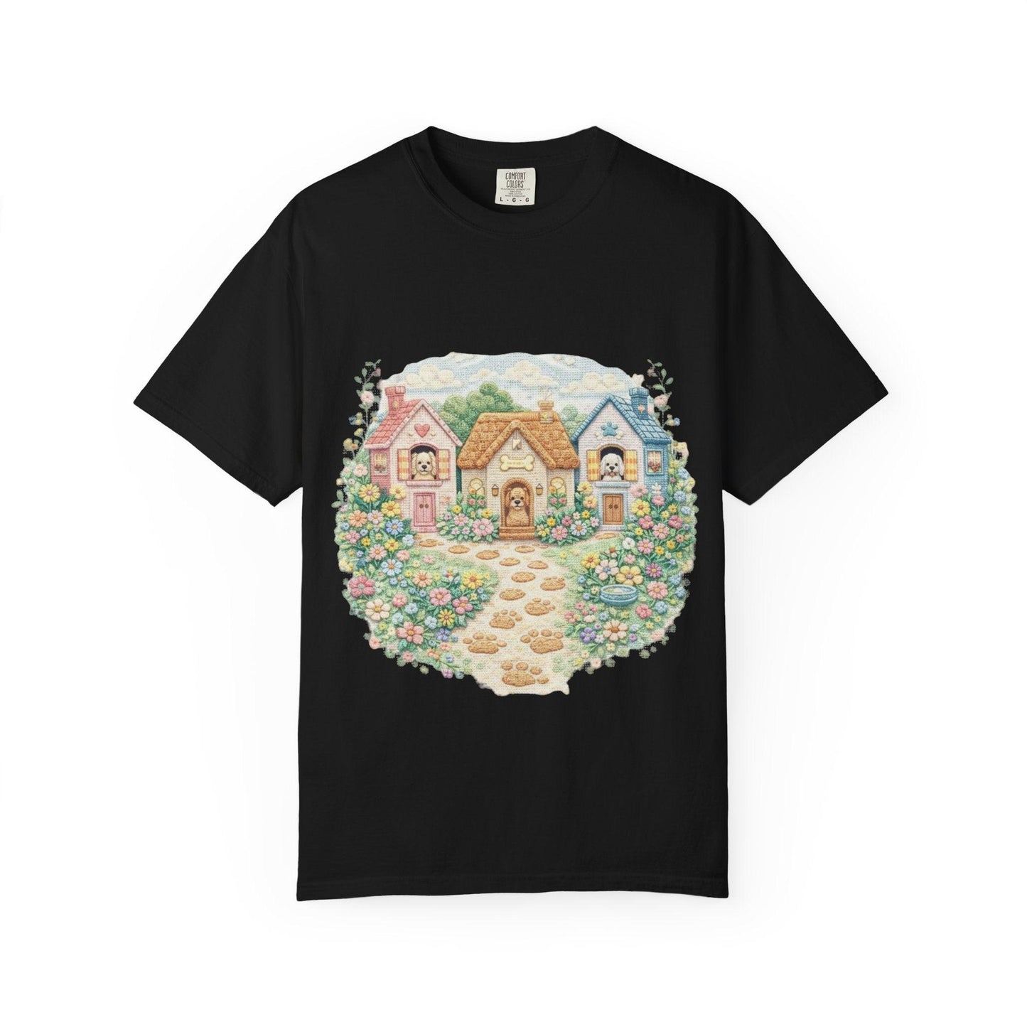 Cute Cottage Row illustration T-shirt | pastel village floral path