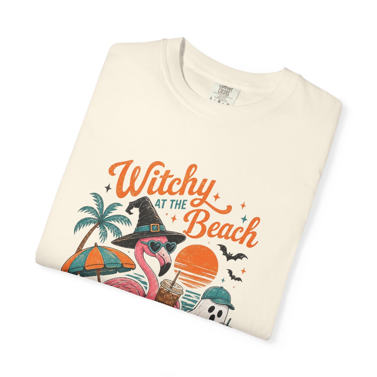 Witchy at the Beach T-shirt | Spooky Vibes Halloween Flamingo Design