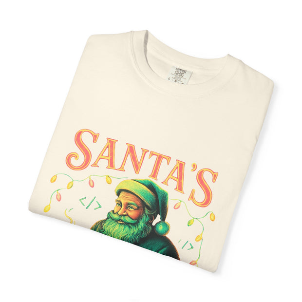 Santa's Cocoa & Code Society T-shirt, Holiday Tee, Xmas Gift, Unisex Garment-Dyed Shirt, Fun Santa Design, Cozy Christmas Apparel