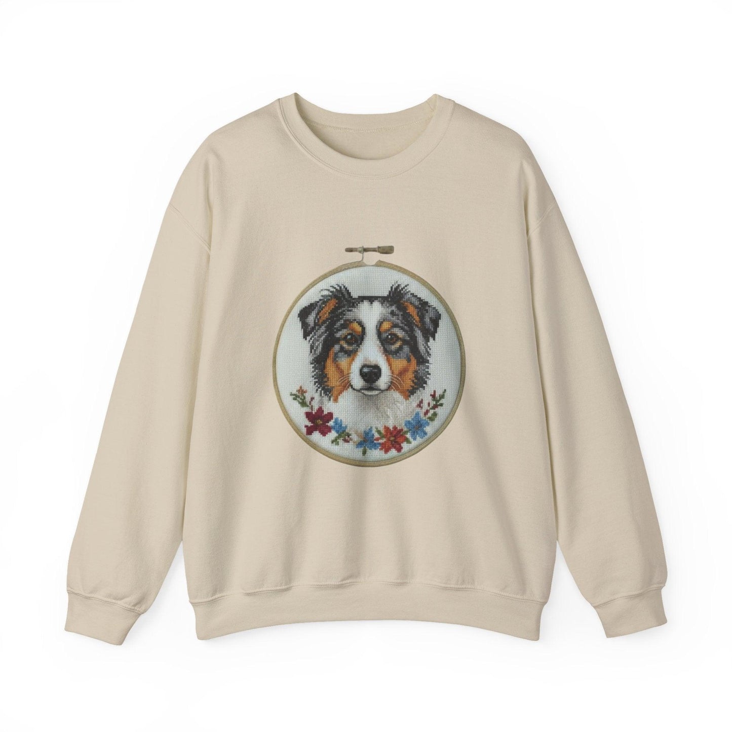Australian Shepherd Sweatshirt, Aussie Dog Mom Gift, Embroidery Hoop Portrait, Cross Stitch Dog Crewneck