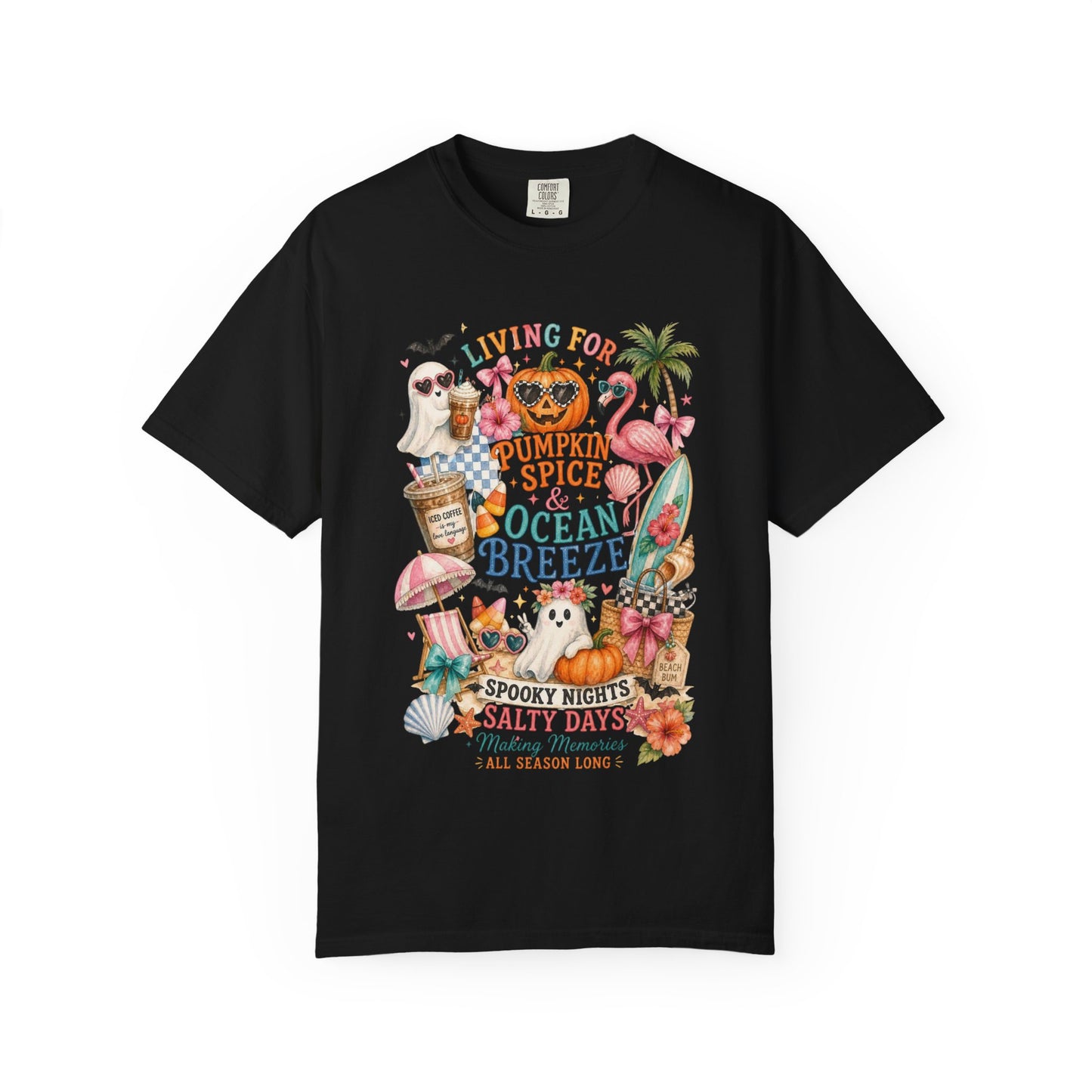 Pumpkin Spice & Ocean Breeze T-Shirt, Summerween Flamingo Shirt, Halloween Beach Tee, Tropical Spooky Season Graphic, Fall Vacation Shirt