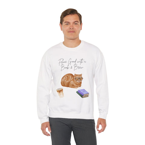'Feline Good With A Book & Brew' Unisex Crewneck Sweatshirt