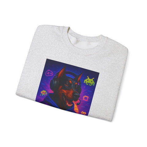 Gaming Doberman Graphic Crewneck Sweatshirt | Retro Arcade Dog Gamer