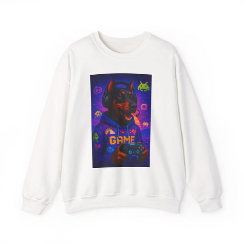 Gaming Doberman Graphic Crewneck Sweatshirt | Retro Arcade Dog Gamer