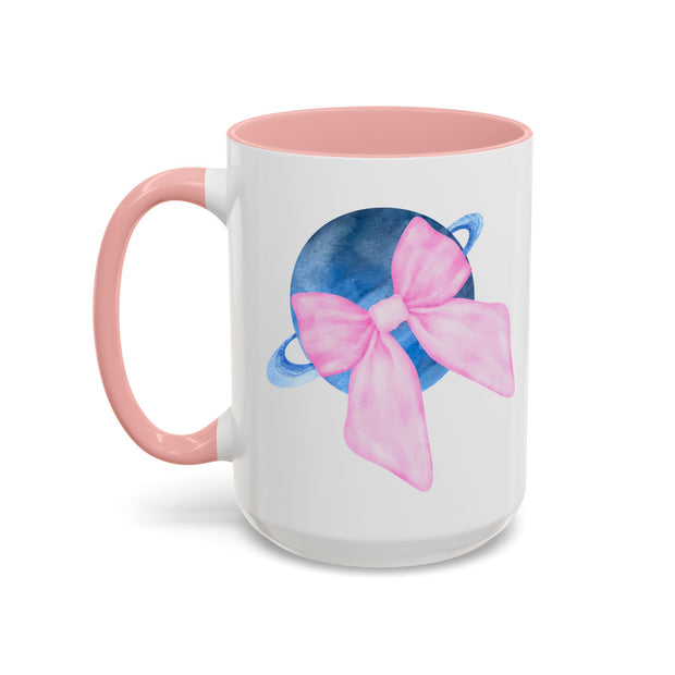 Blue Saturn Wrapped In A Pink Bow Accent Coffee Mug