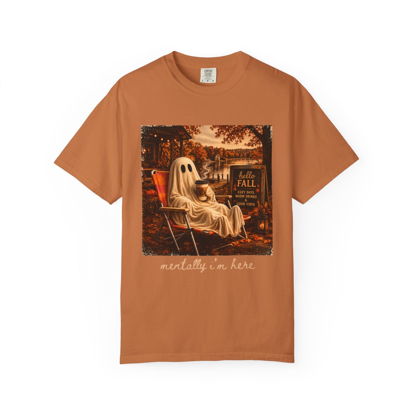 Cozy Ghost in Chair Fall T-shirt | Autumn Leaves, Retro Halloween Scene, Summerween