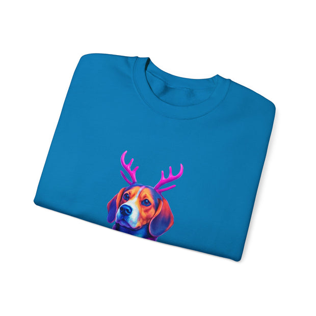 Beagle with Reindeer Antlers Sweatshirt | Colorful Holiday Dog Illustration
