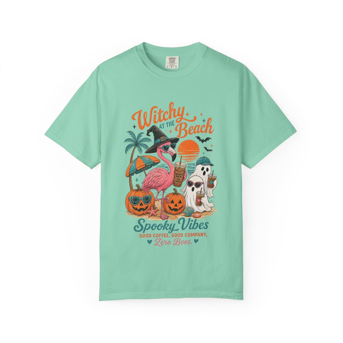 Witchy at the Beach T-shirt | Spooky Vibes Halloween Flamingo Design