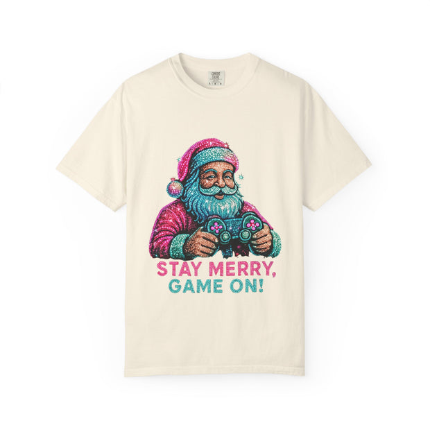Stay Merry Game On Santa T-Shirt | Christmas Gaming Tee