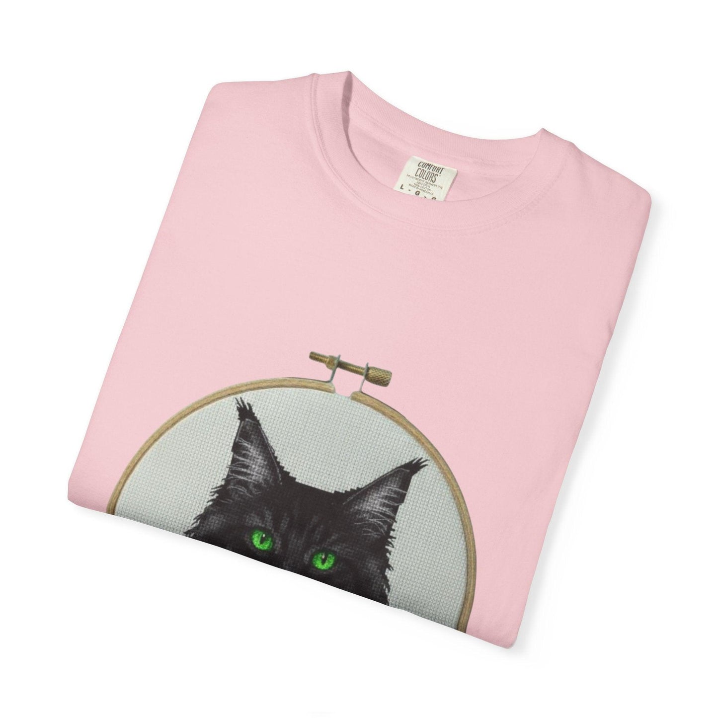 Black Cat Portrait T-Shirt | Embroidery Hoop Art, Green Eyes