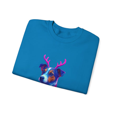 Neon Jack Russell in Reindeer Antlers Sweatshirt | Holiday Pet Portrait