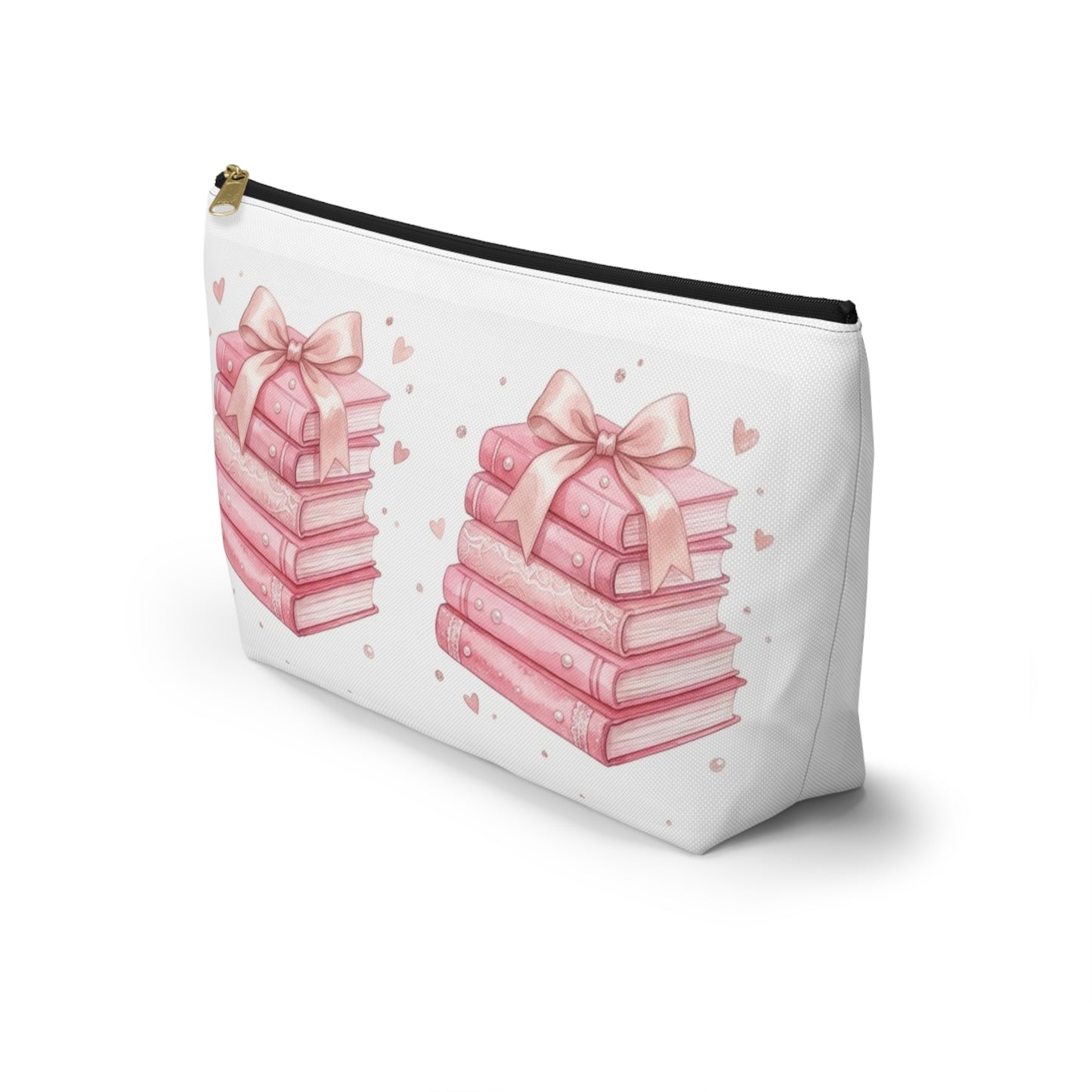 Stacked Pink Books with Bow Accessory Pouch | Cute Book Lover Cosmetic Bag