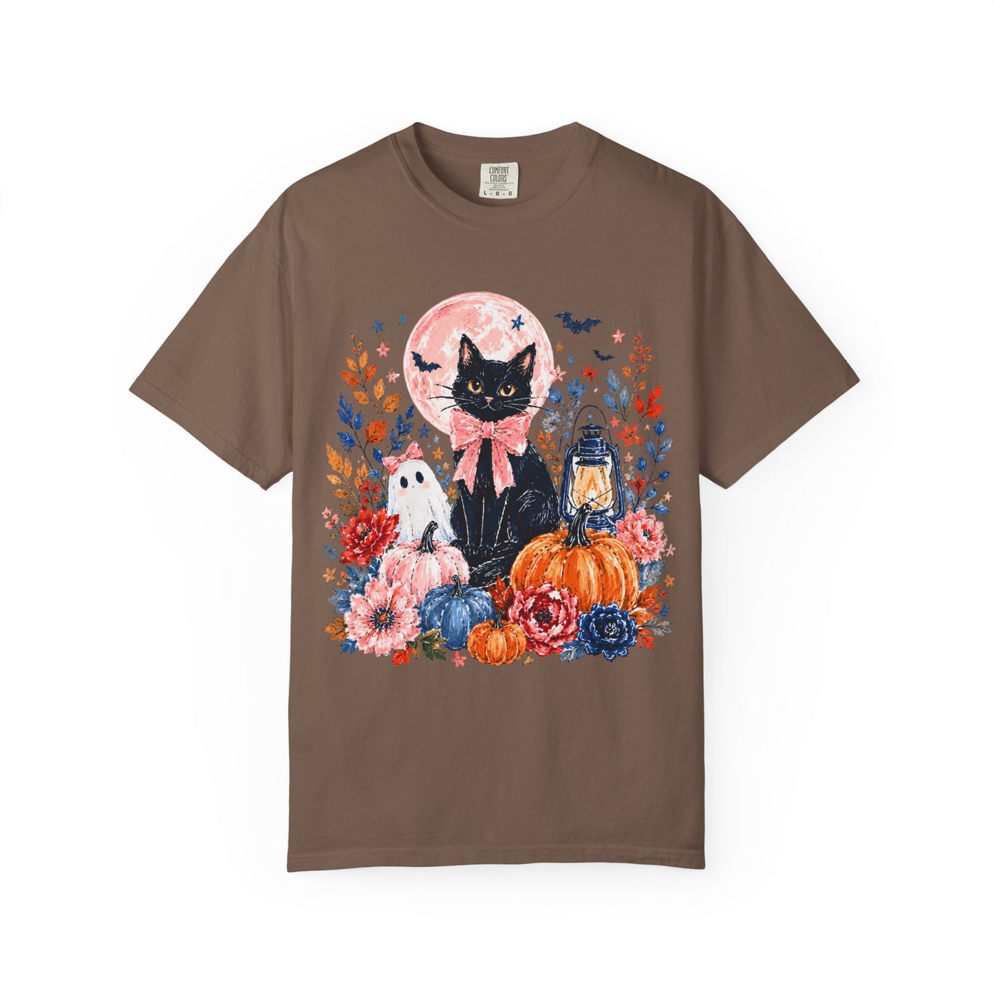 Black Cat with Pumpkins T-shirt | Halloween Moon Lantern Floral Design